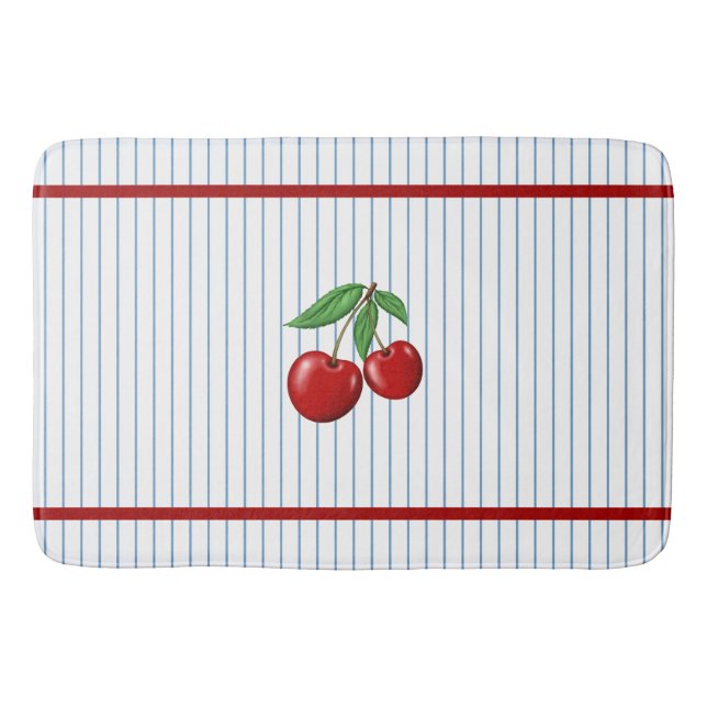 Red Cherries on Blue Stripes Graphic Pattern Bath Mat (Front)