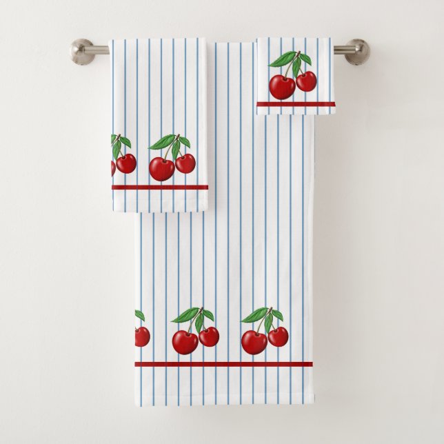 Red Cherries on Blue Stripes Graphic Pattern Bath Towel Set (Insitu)