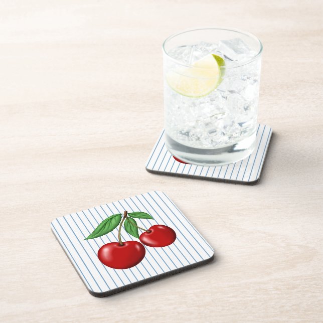 Red Cherries on Blue Stripes Graphic Pattern Coaster (Right Side)