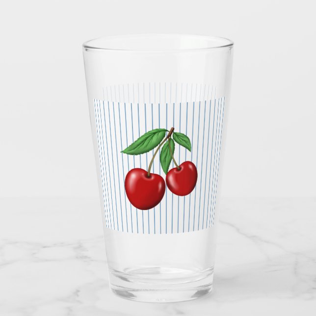 Red Cherries on Blue Stripes Graphic Pattern Glass (Back)