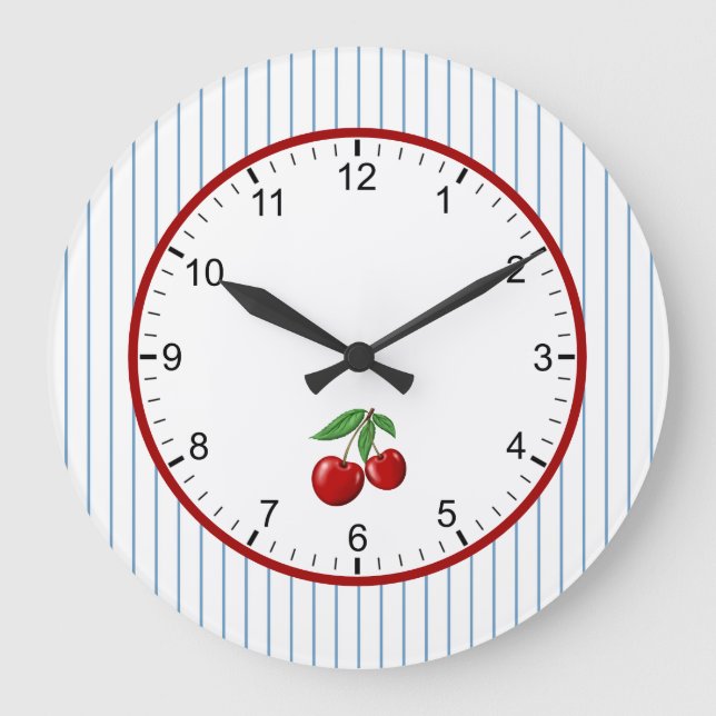Red Cherries on Blue Stripes Graphic Pattern Large Clock (Front)