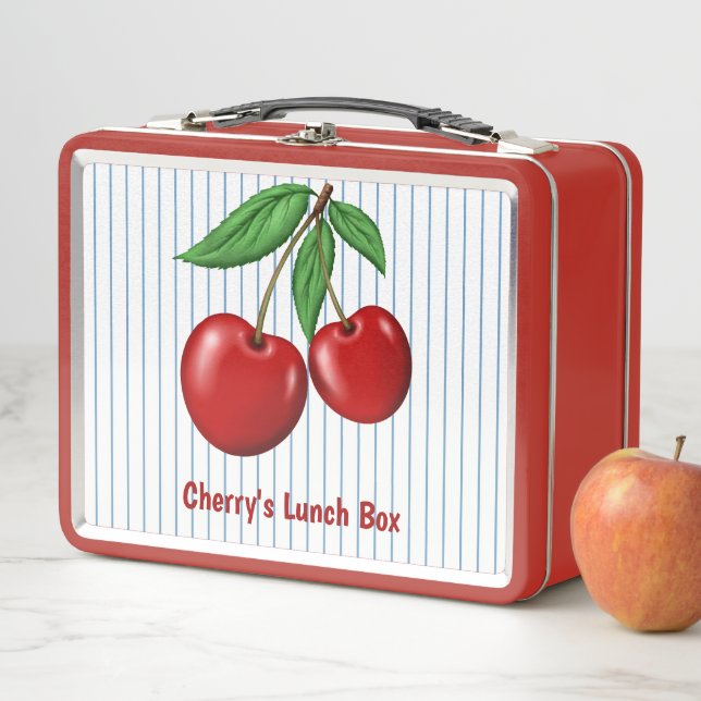 Red Cherries on Blue Stripes Graphic Pattern Metal Lunch Box (In Situ)