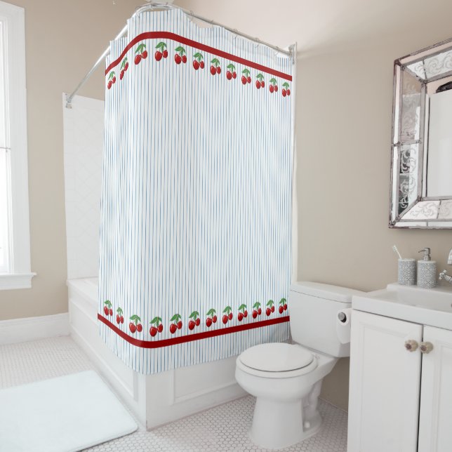 Red Cherries on Blue Stripes Graphic Pattern Shower Curtain (In Situ)