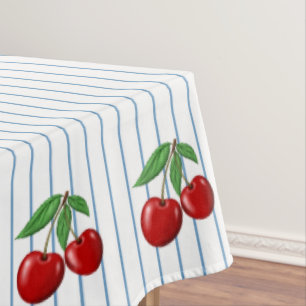 Red Cherries on Blue Stripes Graphic Pattern Tablecloth