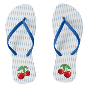 Red Cherries on Blue Stripes Graphic Pattern Thongs