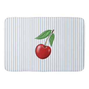 Red Cherries on Blue Stripes Pattern Bath Mat