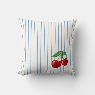 Red Cherries on Blue Stripes Pattern Cushion