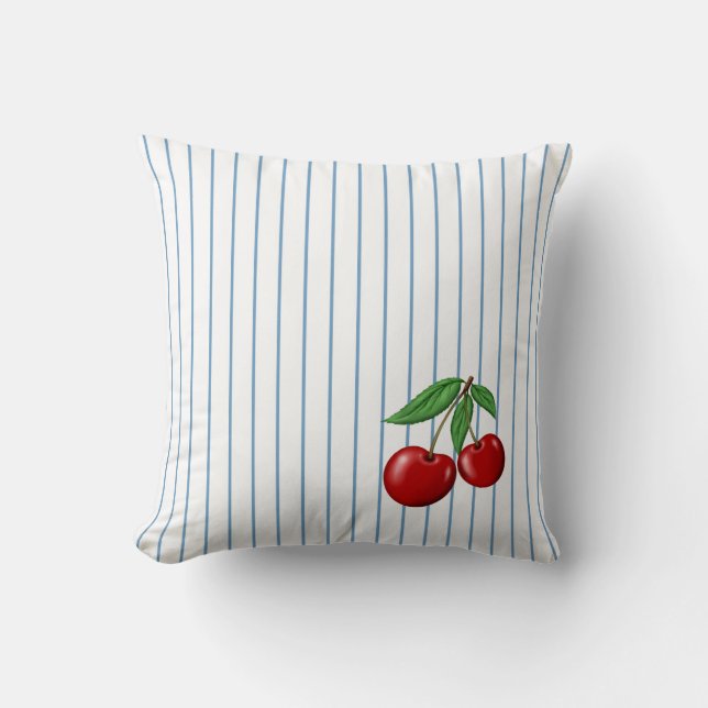 Red Cherries on Blue Stripes Pattern Cushion (Front)