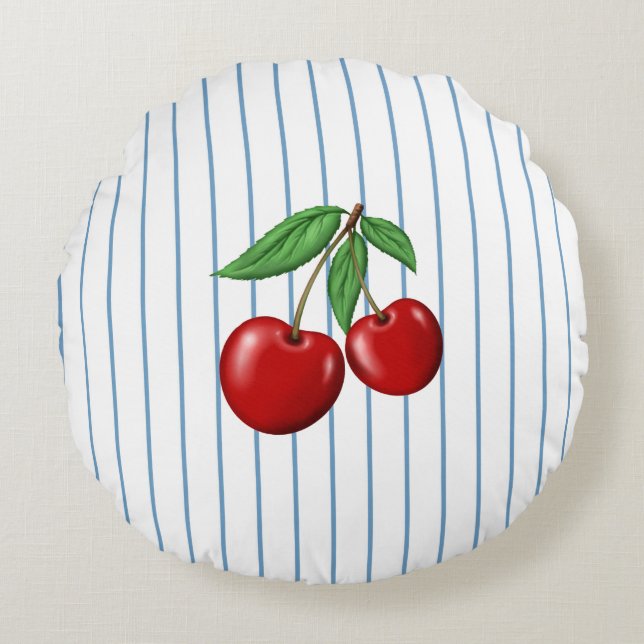 Red Cherries on Blue Stripes Pattern Round Cushion (Front)