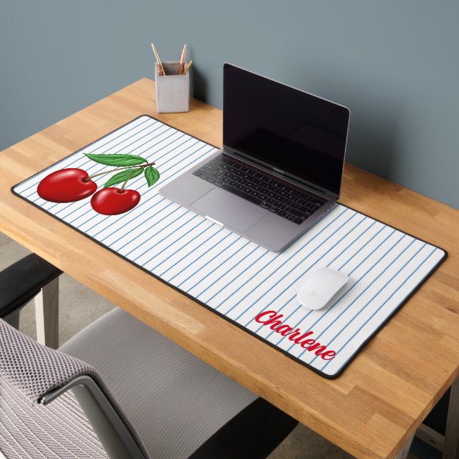 Red Cherries on Blue Stripes Personalised Desk Mat (Office 2)