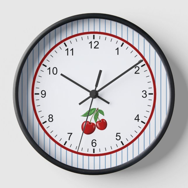 Red Cherries on Blue Stripes Retro Style Framed Clock (Front)
