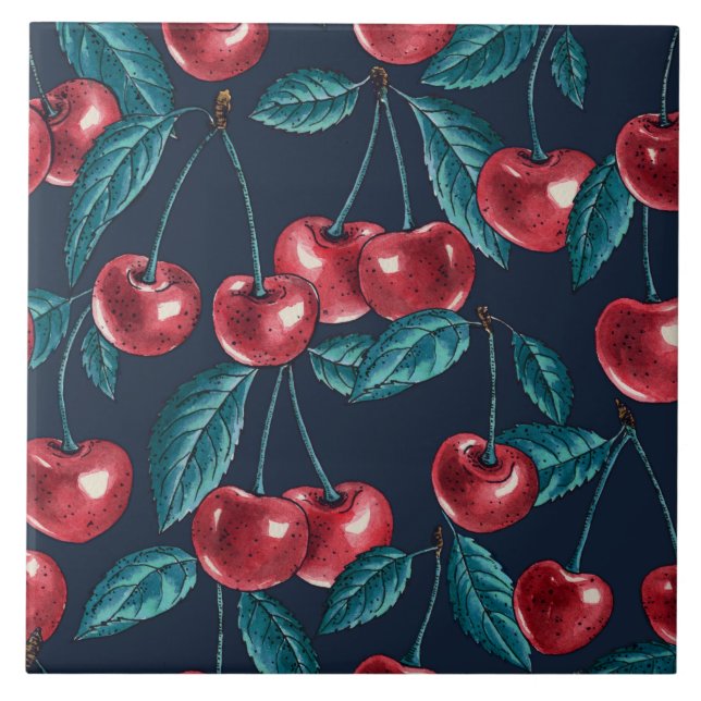 Red cherries on dark blue ceramic tile (Front)