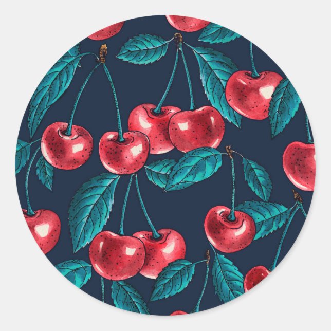Red cherries on dark blue classic round sticker (Front)