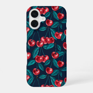 Red cherries on dark blue iPhone 16 case
