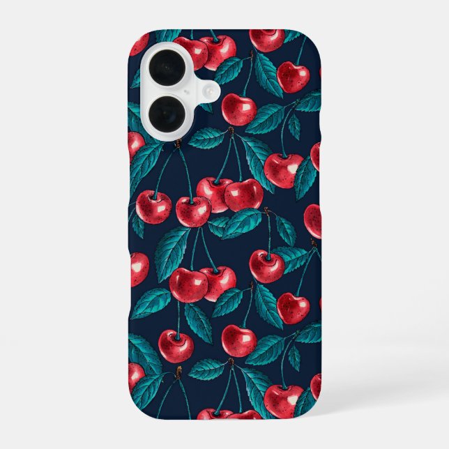 Red cherries on dark blue iPhone 16 case (Back)