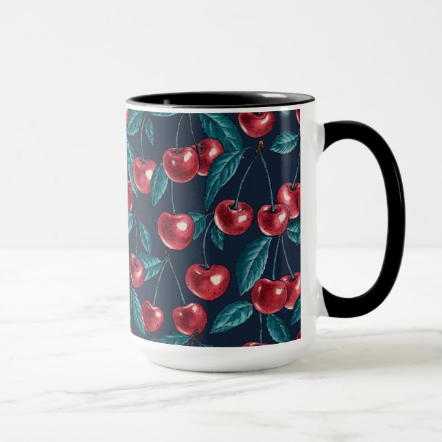 Red cherries on dark blue mug (Right)