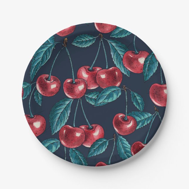 Red cherries on dark blue paper plate (Front)