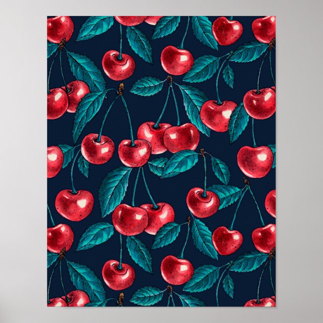 Red cherries on dark blue poster (Front)