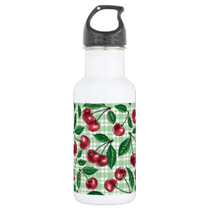 Red cherries on light green gingham 532 ml water bottle