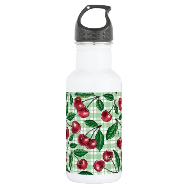 Red cherries on light green gingham 532 ml water bottle (Front)