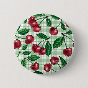 Red cherries on light green gingham 6 cm round badge