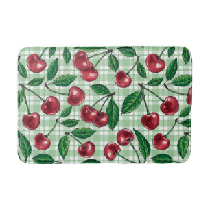 Red cherries on light green gingham bath mat