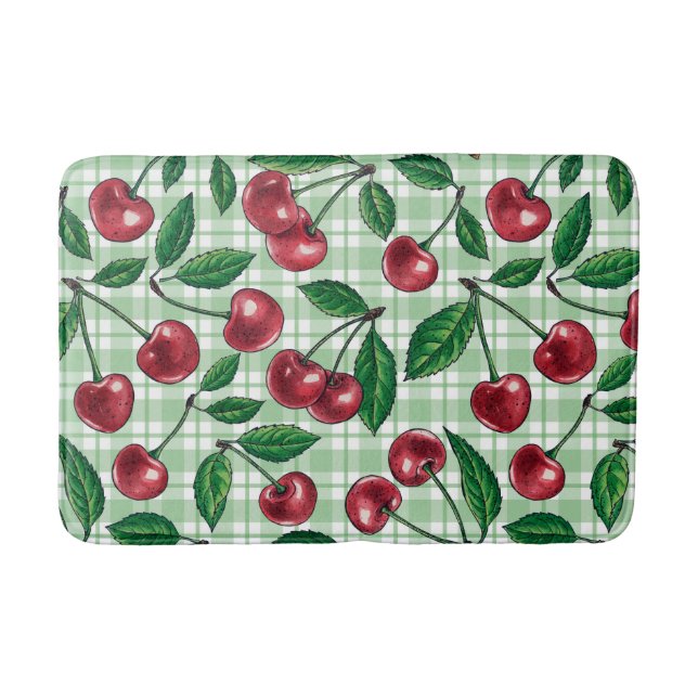 Red cherries on light green gingham bath mat (Front)