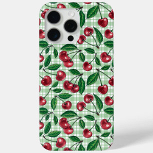 Red cherries on light green gingham iPhone 15 pro max case