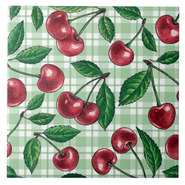 Red cherries on light green gingham ceramic tile (Front)