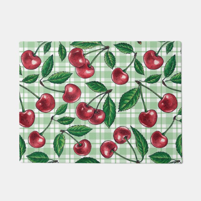 Red cherries on light green gingham doormat (Front)