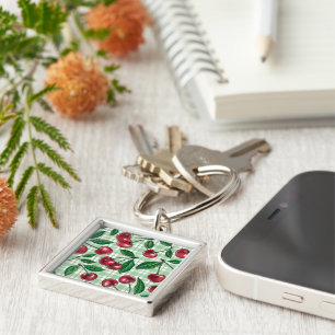 Red cherries on light green gingham key ring