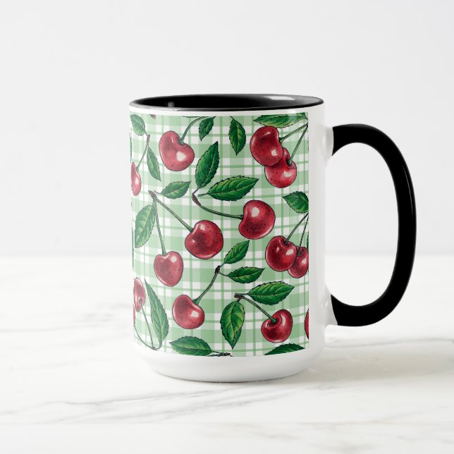 Red cherries on light green gingham mug (Right)