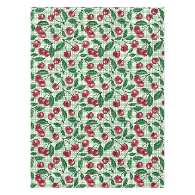 Red cherries on light green gingham tablecloth (Front)