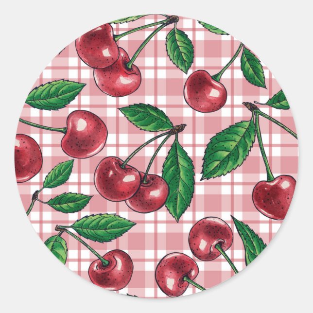 Red cherries on pink gingham classic round sticker (Front)