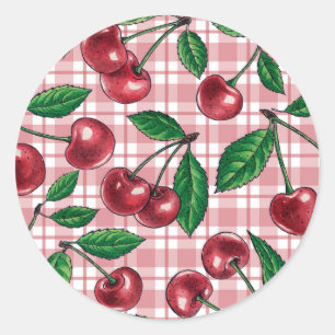 Red cherries on pink gingham classic round sticker