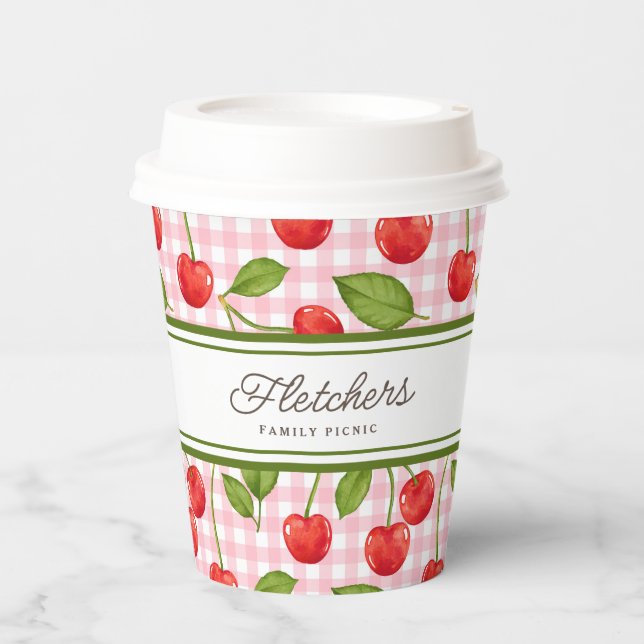 Red Cherries on Pink Gingham Customisable Paper Cups (Front)