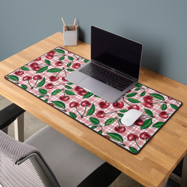 Red cherries on pink gingham desk mat (Office 2)