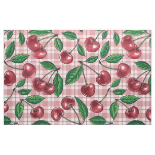 Red cherries on pink gingham fabric