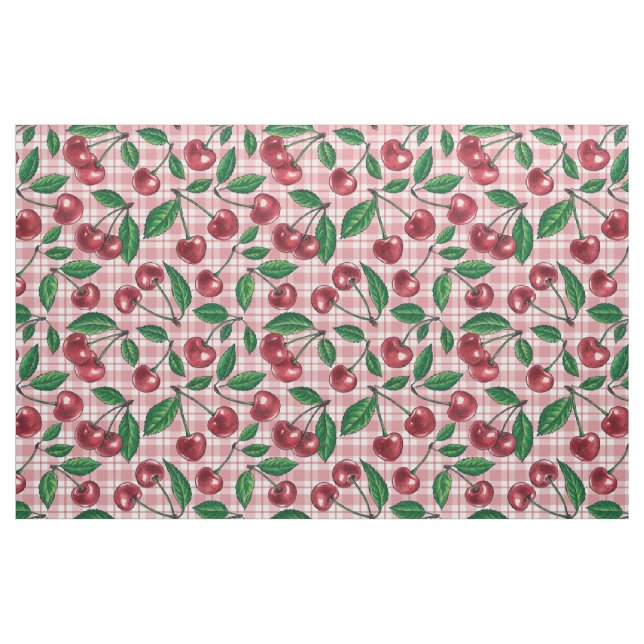 Red cherries on pink gingham fabric (Fat Quarter)