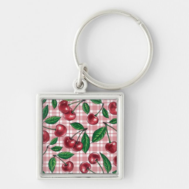 Red cherries on pink gingham key ring (Front)