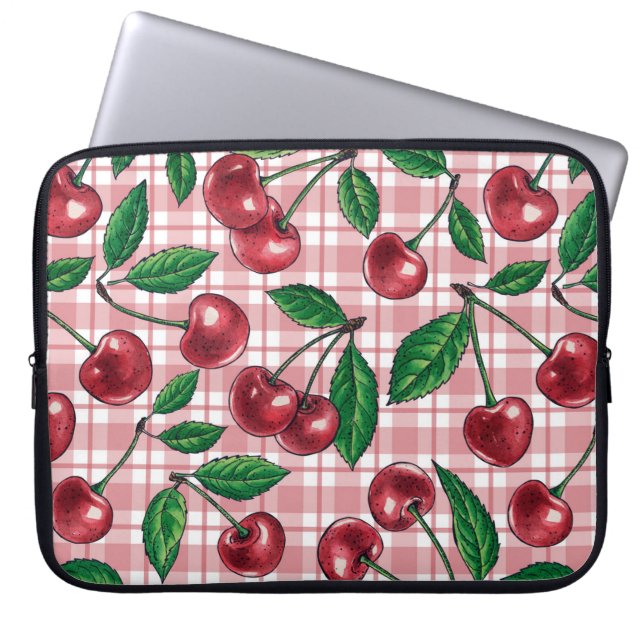 Red cherries on pink gingham laptop sleeve (Front)