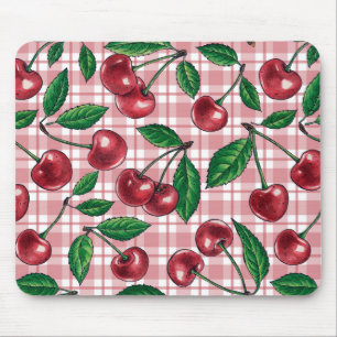 Red cherries on pink gingham mouse pad