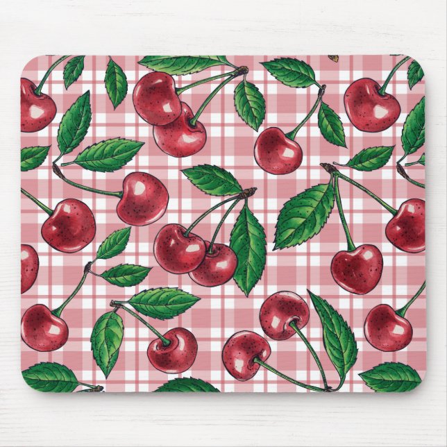 Red cherries on pink gingham mouse pad (Front)