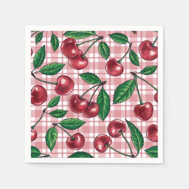 Red cherries on pink gingham napkin (Front)
