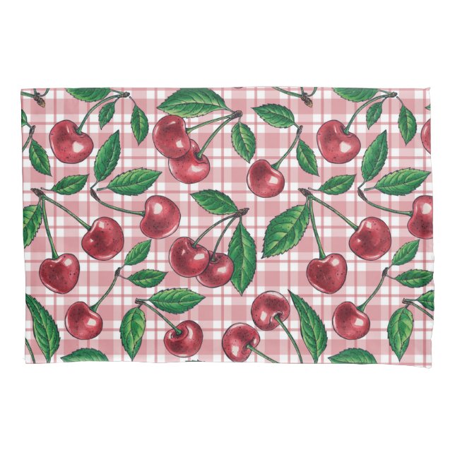 Red cherries on pink gingham pillowcase (Front-Left)