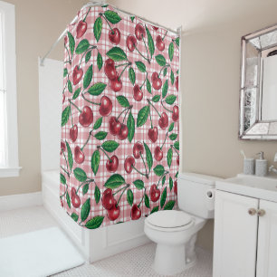 Red cherries on pink gingham shower curtain