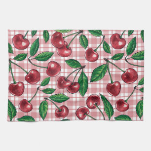 Red cherries on pink gingham tea towel