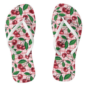 Red cherries on pink gingham thongs