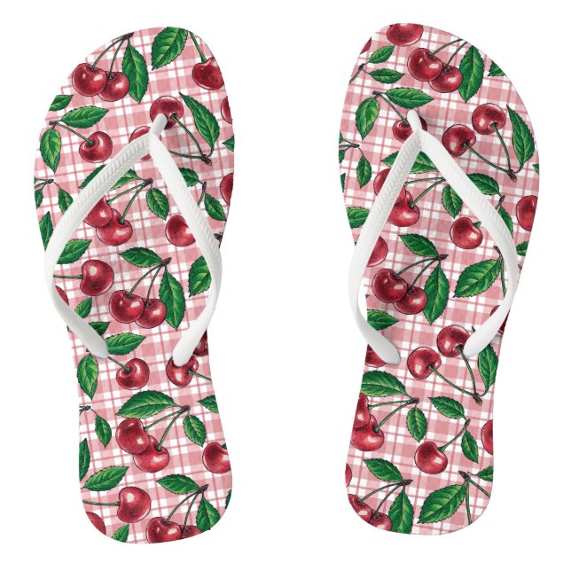Red cherries on pink gingham thongs (Footbed)