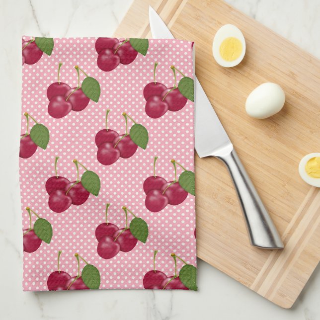 Red Cherries on Pink with White Dots Cute Tea Towel (Quarter Fold)